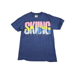 Vintage 90s Steamboat Colorado Skiing T-Shirt Size S/M Blue Mountains Ski Winter